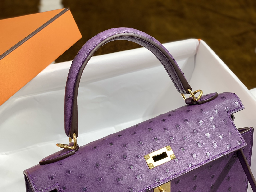 Hermes Kelly 25cm Handbag Shoulder Bag in Purple Ostrich Leather